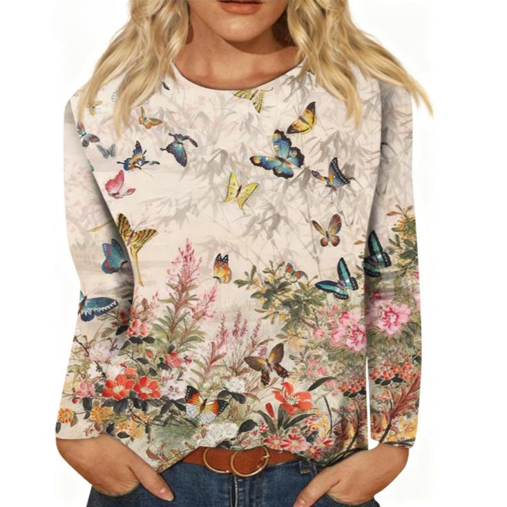

Spring and Autumn Round Neck 3D Flower Pattern Printed Top Fashionable Temperament Casual Long Sleeved Women s T-shirts S