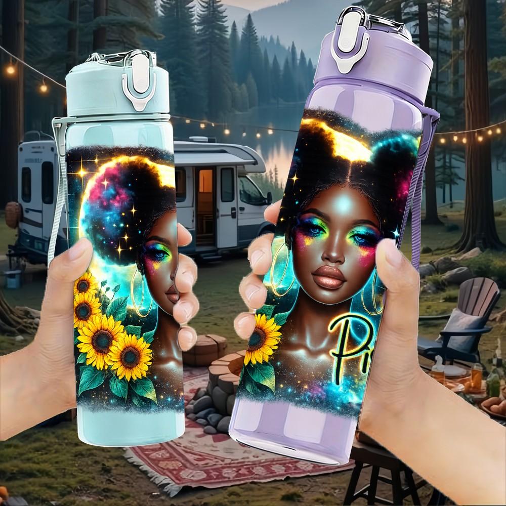 1PC Black Girl Galaxy Colorful Portrait Print 750ml Color Plastic Sports Water Bottle Leakproof Flip Straw Lid Suitable for Sports Office Home Use