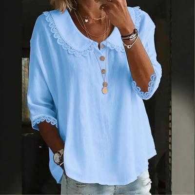 Women Shirt Loose Fit Three-Quarter Sleeve Blouse with Lace Neckline Cuffs Button Placket Summer Spring Casual Tops