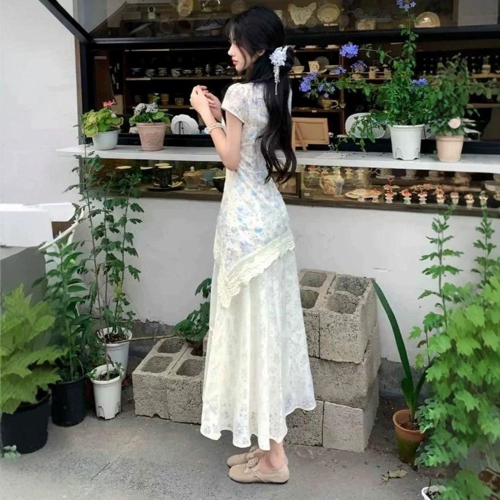 Chiffon cover new Chinese style floral improved cheongsam dress beautiful unique splicing waist temperament dress