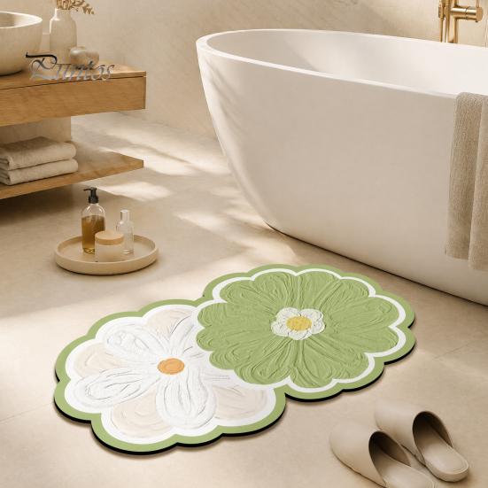 Quick Dry Shower Mat Double Flower Bath Mat, Super Absorbent Diatomaceous Earth Rug, Non-Slip Floral Washable Drying for Bathroom Floor Home Entrance