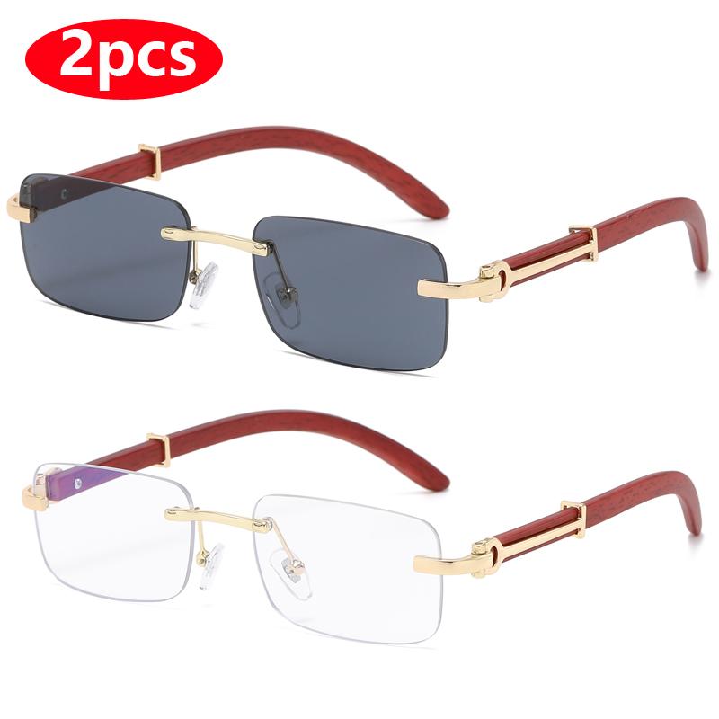 2pcs Rectangle Rimless Sunglasses Women Square Eyeglasses Luxury Brand Designer Retro Wooden Frame Gradient Sun Glasses UV400