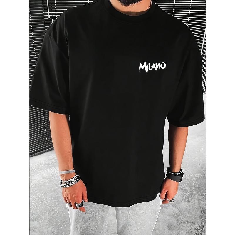 Europeiska storlekar Herr MILANO Bokstavsmönster Tryck Rundhalsad T-shirt, Kortärmad för Sommar Utomhussporter