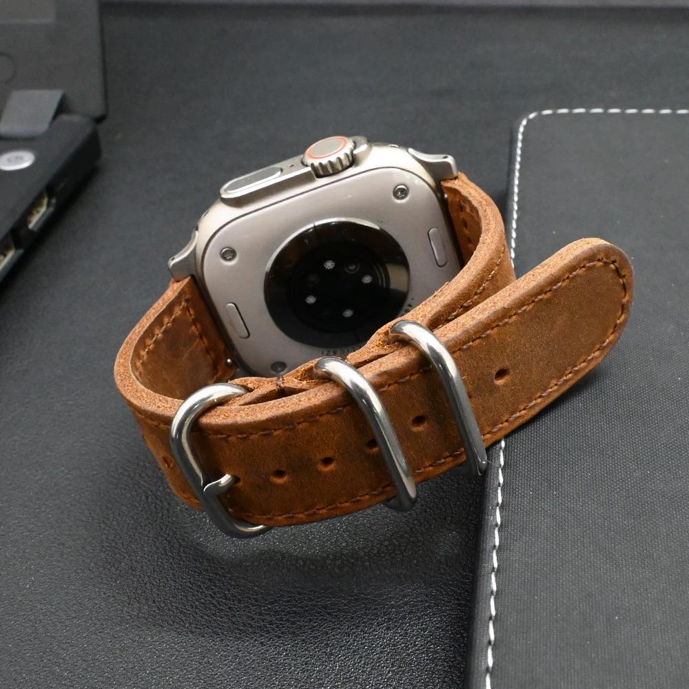 Genuine Leather Band for Apple Watch 49mm 46mm 45mm 44mm Watchband Correa for iWatch Ultra 2 series 10 9 8 7 6 5 4 Se Men Strap