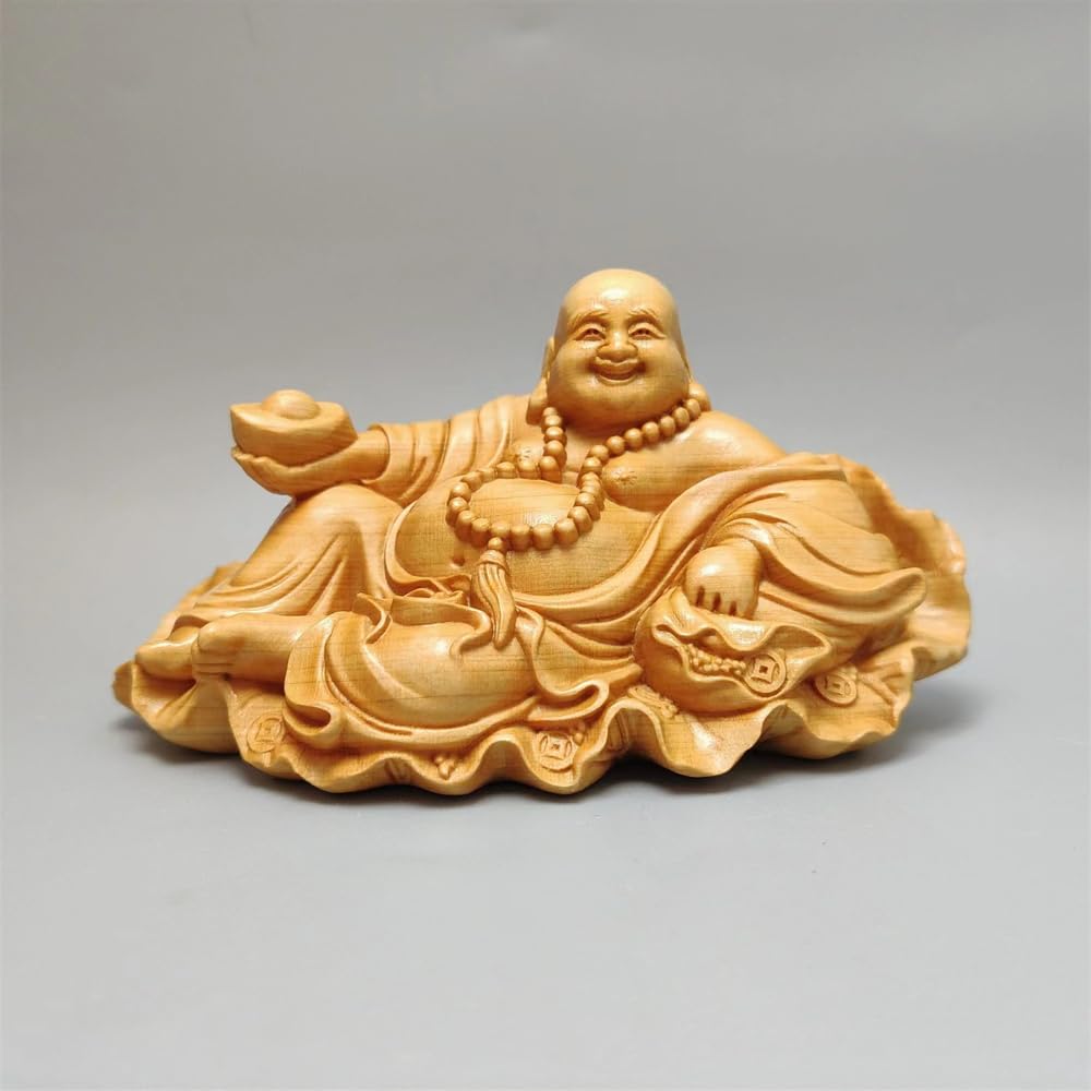 Ornament Financial Luck Seven Lucky Gods Hotei God Carved Wooden Ornament Cloth Bag with Lotus Leaf Maitreya Bodhisattva Good Luck Financial Luck