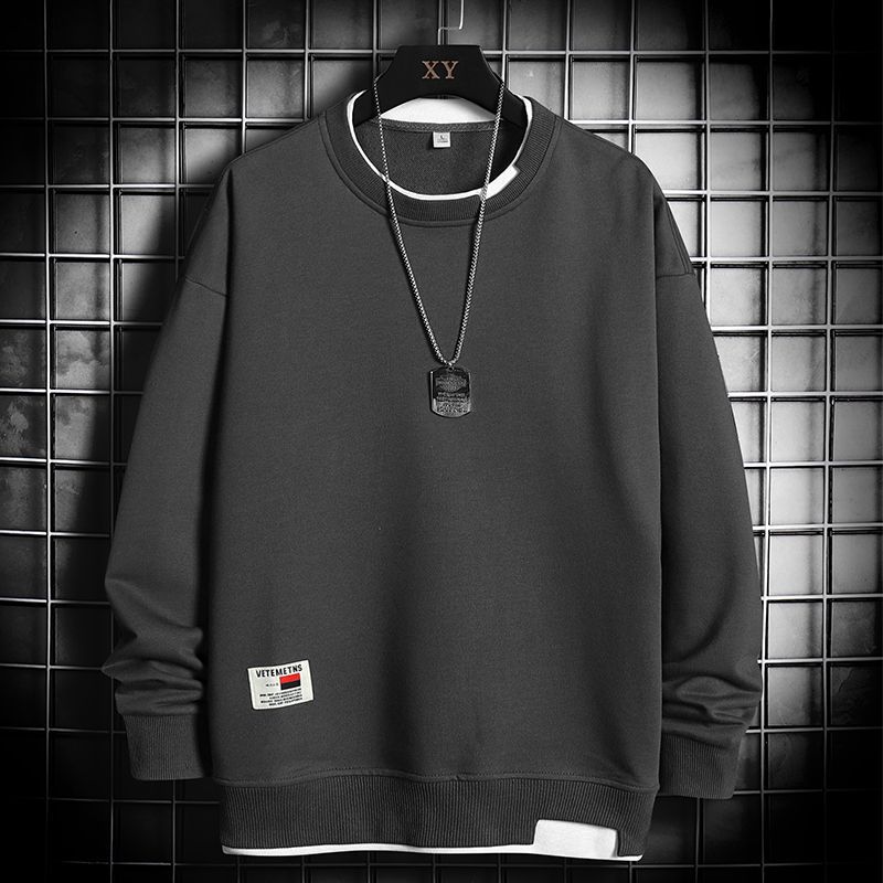 Men's Spring and Autumn Four Seasons Plus Size Thin Hoodless Round Neck Pullover Long Sleeved T Shirt Loose Blouse