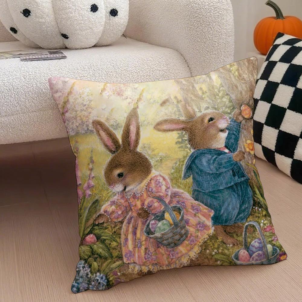 Religious Global Holiday Art Easter Rabbit Cushion Cover Throw Pillow Cover Hidden Button Durable Polyester Chair Cushion