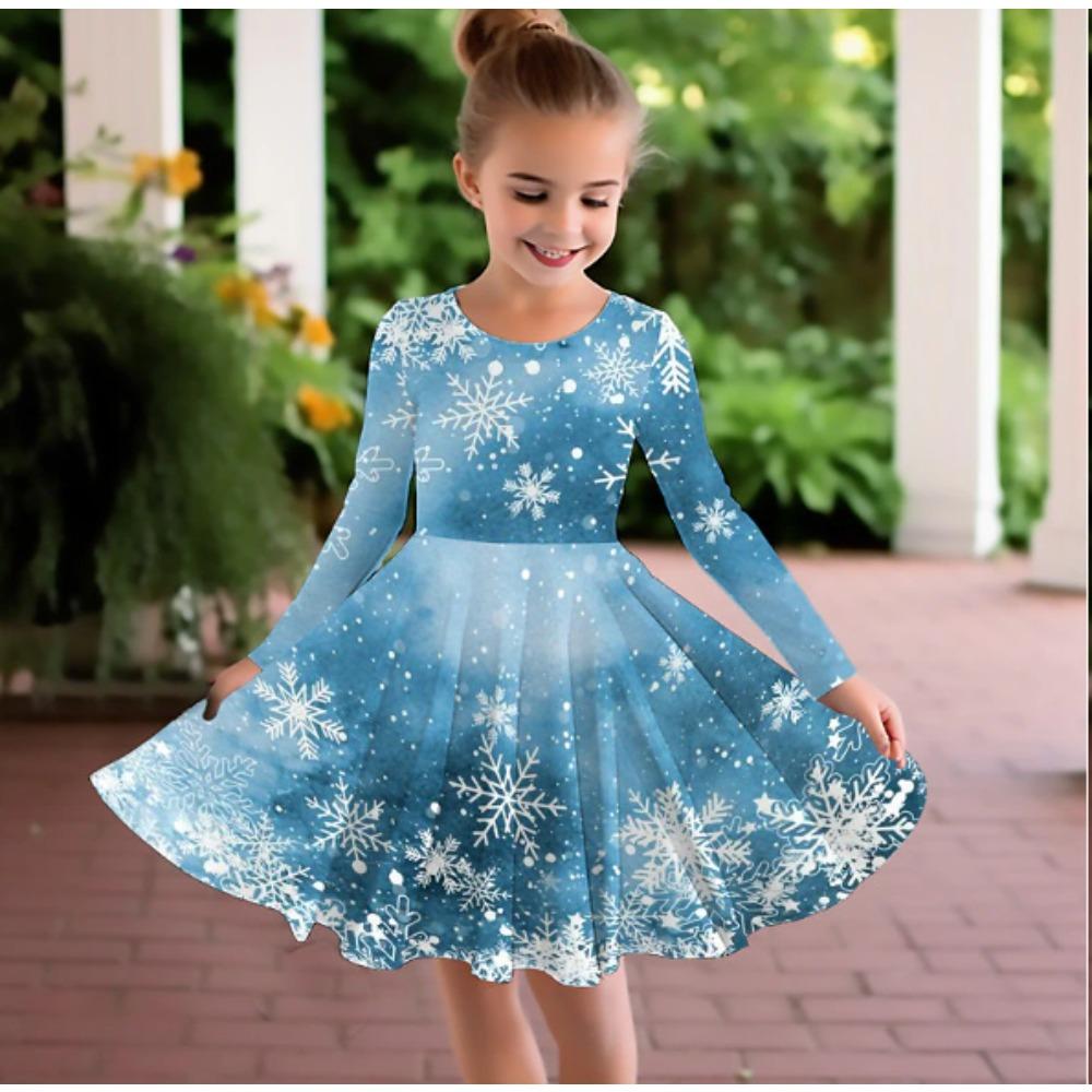 Vestito Casual da Bambina con Stampa 3D Fiocchi di Neve Girocollo Manica Lunga Vestito da Principessa per Bambini