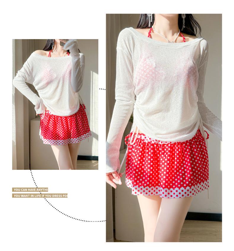 Pure Desire Polka Dot Long Sleeve Bikini with Cute Cake Skirt - Women's 4-Piece Set