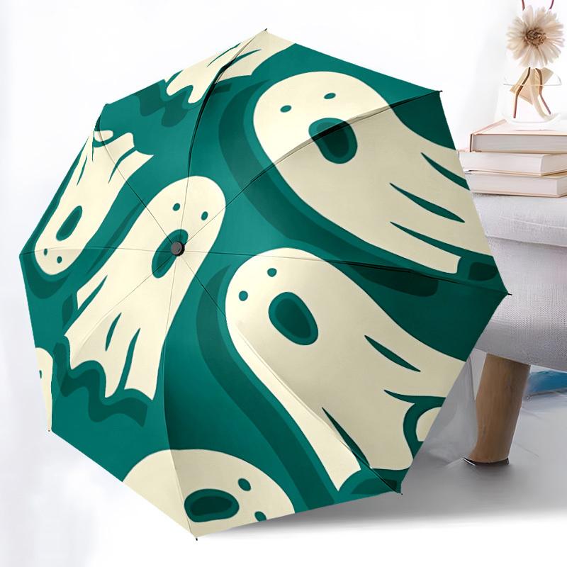 1pc Ghostly Spirits Automatic Open/close Folding Compact Umbrella, 8-Rib Sturdy Canopy, Lightweight Portable, Everyday Use, Gift, Outdoor Umbrella, Tr
