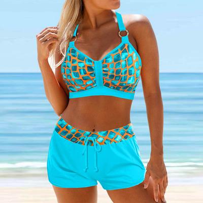 Damen-Badeanzug mit Schultergurt und blauem Pailletten-Aufdruck, Bikini, kurzer Tank-Top-Badeanzug
