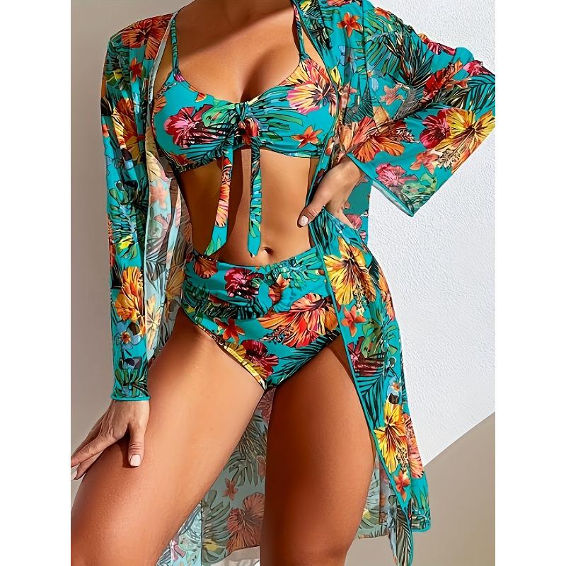 Floral Print Swimsuit for Women, Long Sleeve Cover Up Bikini Three Piece Set S