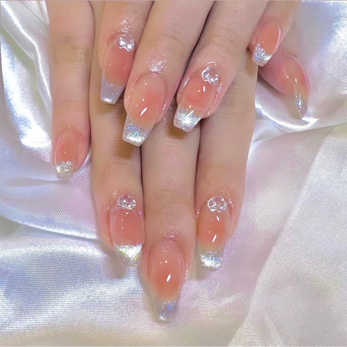 

French Glitter Heart Nail Patches - Simple Ins Style, Wearable & Removable False Nails
