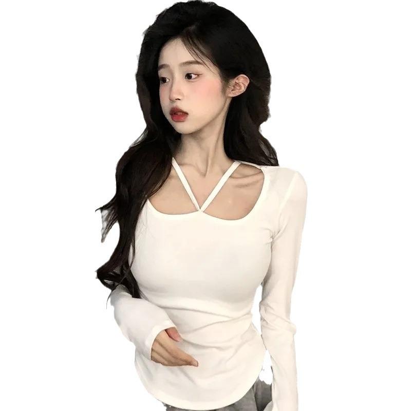 Pure Desire Sexy Sweet Hot Girl White Long-sleeved T-shirt Bottoming Shirt Women's Spring and Autumn Design Sense Chic Neck Short Top