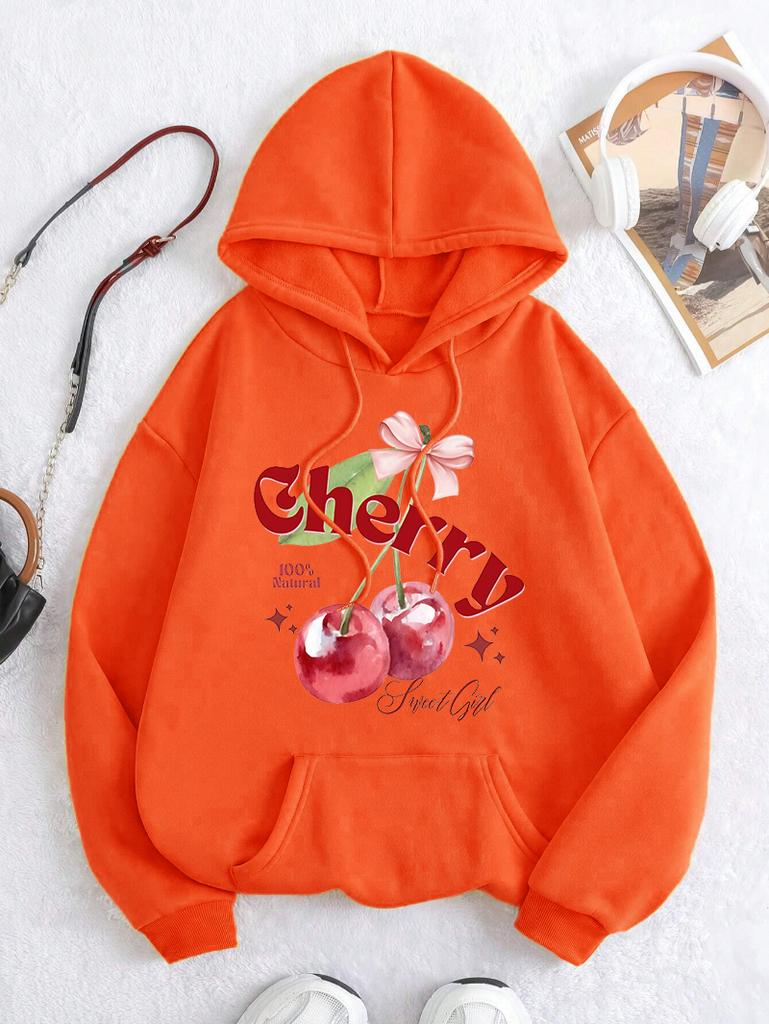 100% Natural Cherry Fruit Printing Women Hoody Pocket Y2K Hoodies Hip Hop Loose Pullover Casual Fleece Comfortable Clothes