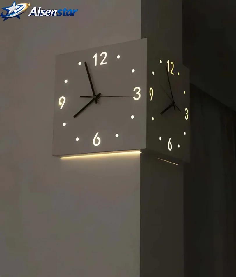 Modern Double Sided Luminous Corner Wall Clock Silent Nordic LED Wall Clock for Living Room Bedroom Home Decor