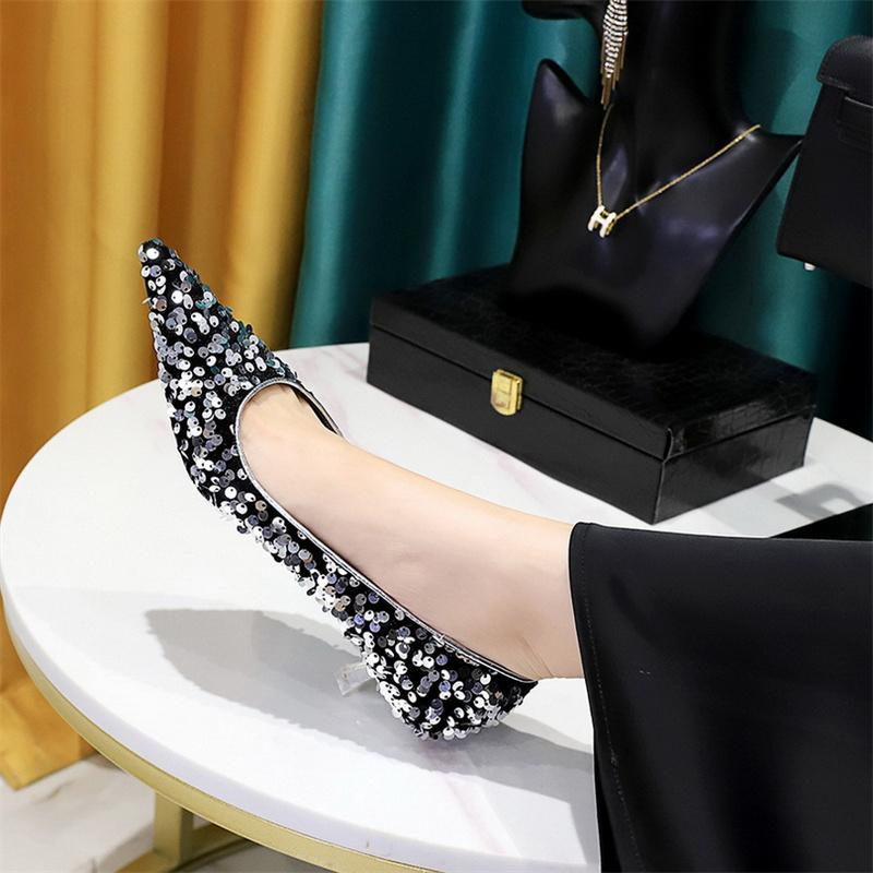 Fashion 2024 Version Fashion Style Sequin Women's Shoes Shallow Mouth Pointed Toe Comfort Shiny Crystal  Thin Heel Single Shoes