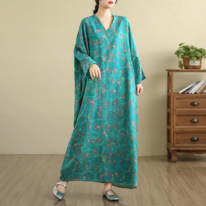 DIMANAF 2025 Women Plus Size Spring Long Dress Loose V-Neck Printing Vintage Casual Floral Oversize Long Sleeve 5033