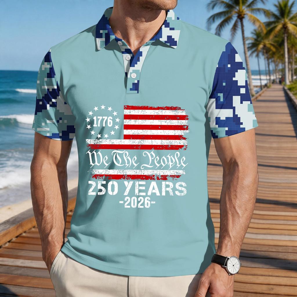 Men's Loose Fit Casual Short Sleeve Polo Shirt with Digital Camouflage Sleeves and Printed Flag Graphic 250 Years Commemorative Design