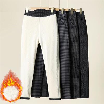 Mom Winter Cotton Pants Thickened Medium-sized Elderly Women's Pants High-waisted Grandma Plaid Pants Velvet Thermal Pants Outer Wear