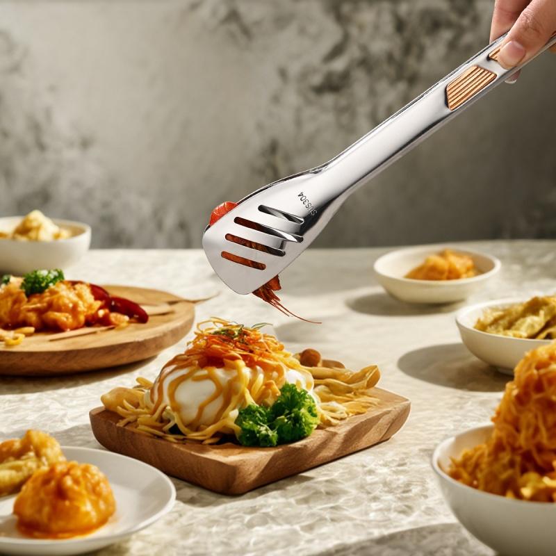 1Pcs Stainless Steel Kitchen Cooking Tongs Grilling Barbeque Brushed Locking Tongs With Ergonomic Grip Barbecue Tongs Clip BBQ Gadget