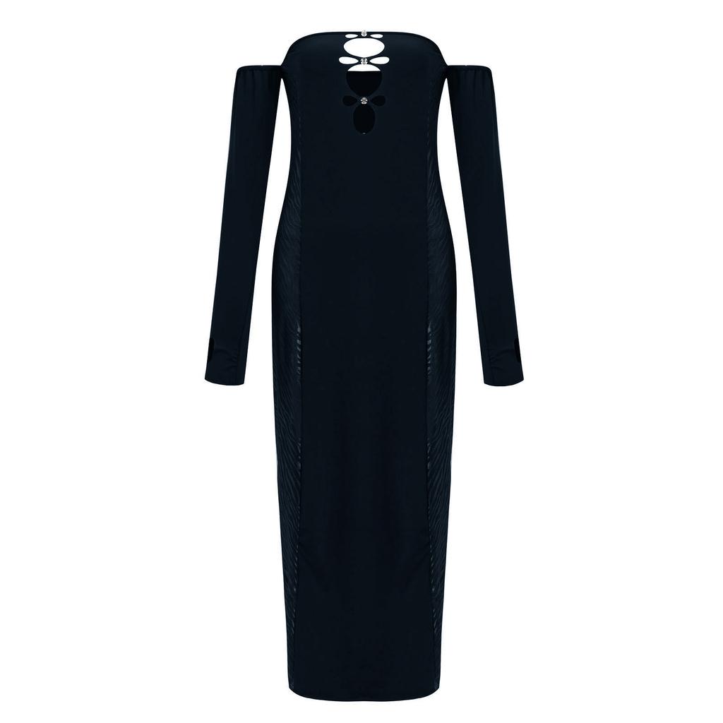 Women's Fashion Mesh Long-Sleeved Hollow Out The Bust Sexy Splicing Package Hip Dress