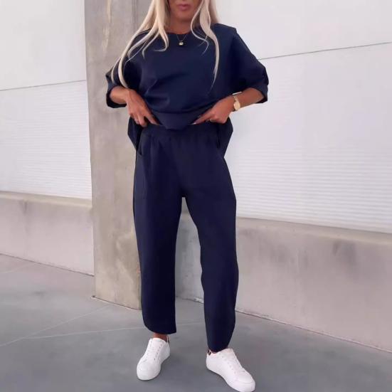 2 Pcs/Set Women Top Pants Suit Round Neck Long Sleeves Solid Color Mid Length Sweatshirt Elastic Waist Trousers Daily Wear Sport Outfit Fall