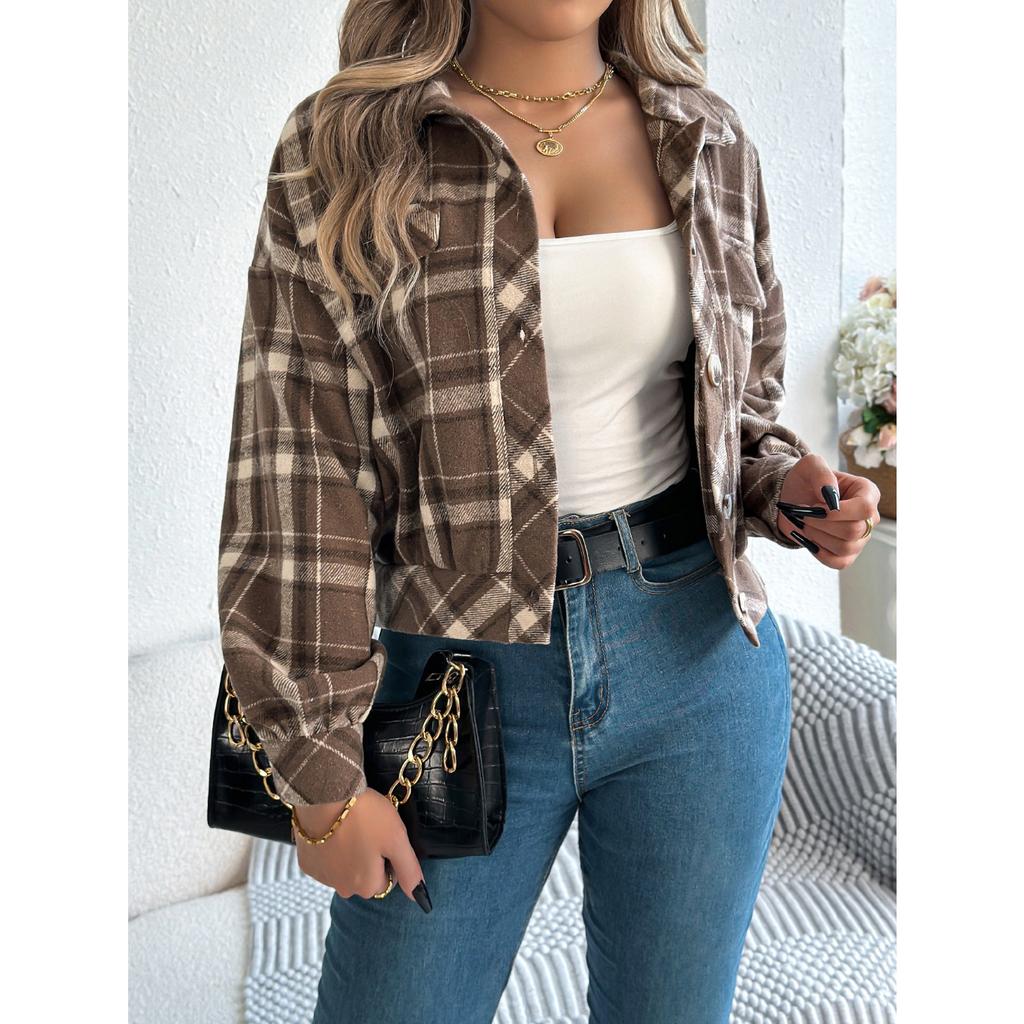 QICED Autumn and Winter Casual Checkered Fake Pocket Long-sleeved Woolen Jacket for Women's Wear