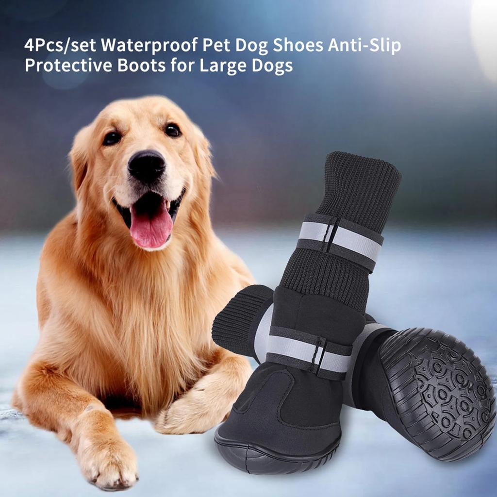 4pcs Pet Dog Shoes Reflective Waterproof Dog Boots Pets Booties Anti-Slip Socks Footwear For Medium Large Dog
