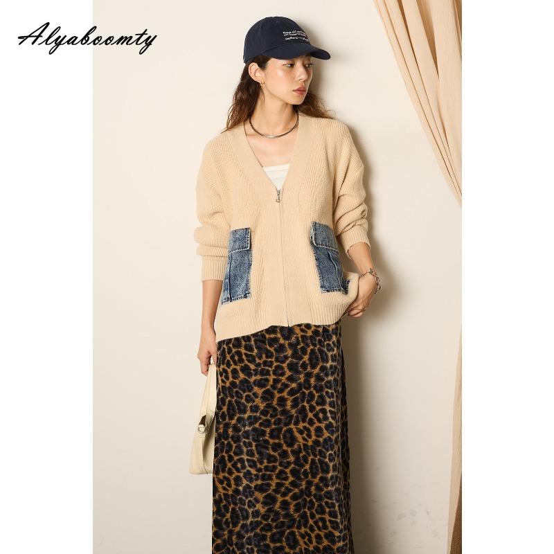 Koreanische Mode Herbst Winter Damen Strickjacke V-Ausschnitt Schwarz Grau Aprikose Gestrickte Oberbekleidung Lässig Locker Damen Denim Patchwork Stilvoller Mantel