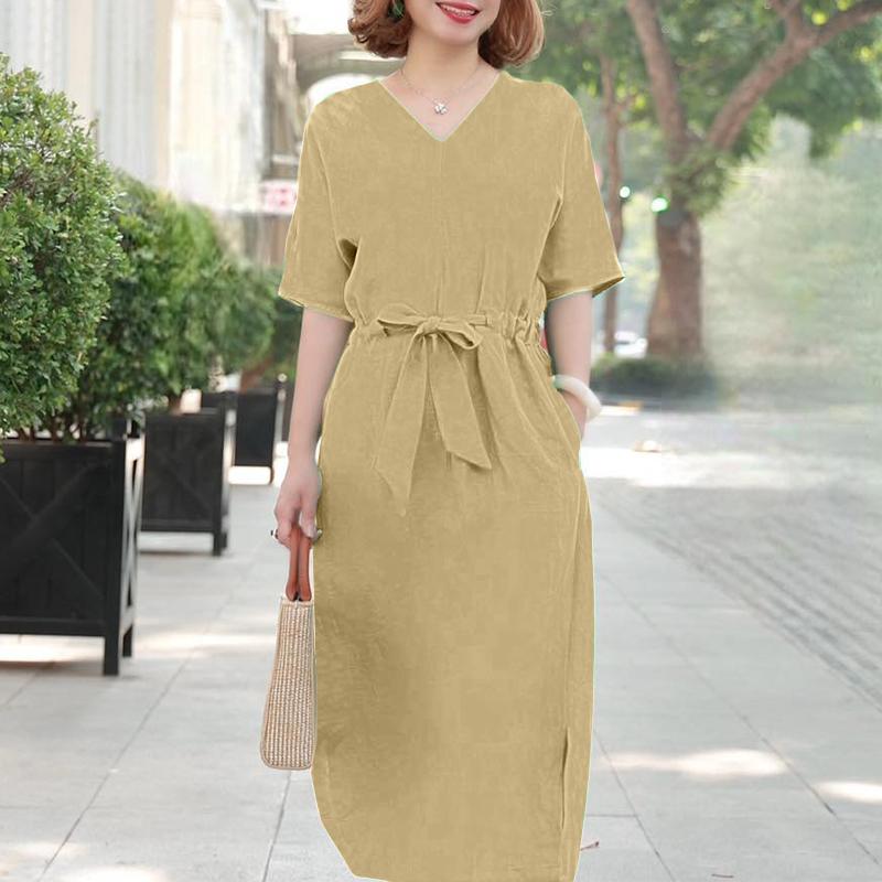 ZANZEA Womens Casual V-neck Solid Color Loose Half Sleeve Long Dress