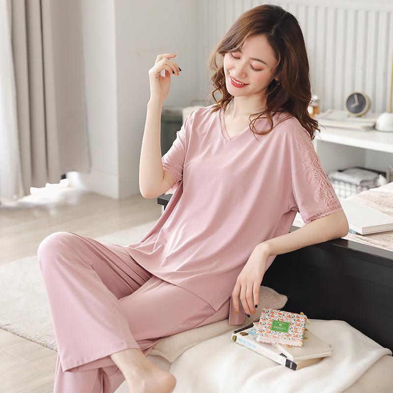 Pajamas Ladies Summer Modal Short Sleeves Long Pants Middle-aged Mom Loungewear Summer Thin Loose Large Size Suit