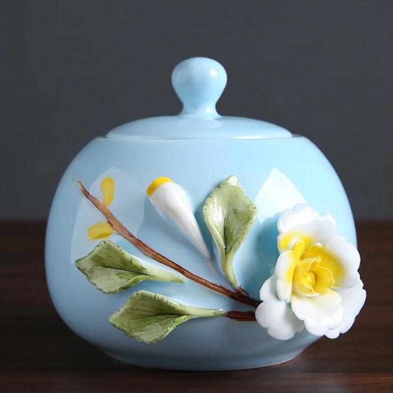 Handmade Ceramic Relief Flower Pattern Tea Caddy Sealed Storage Tea Canister Living Room Coffee Storage Jar Kitchen Teaware