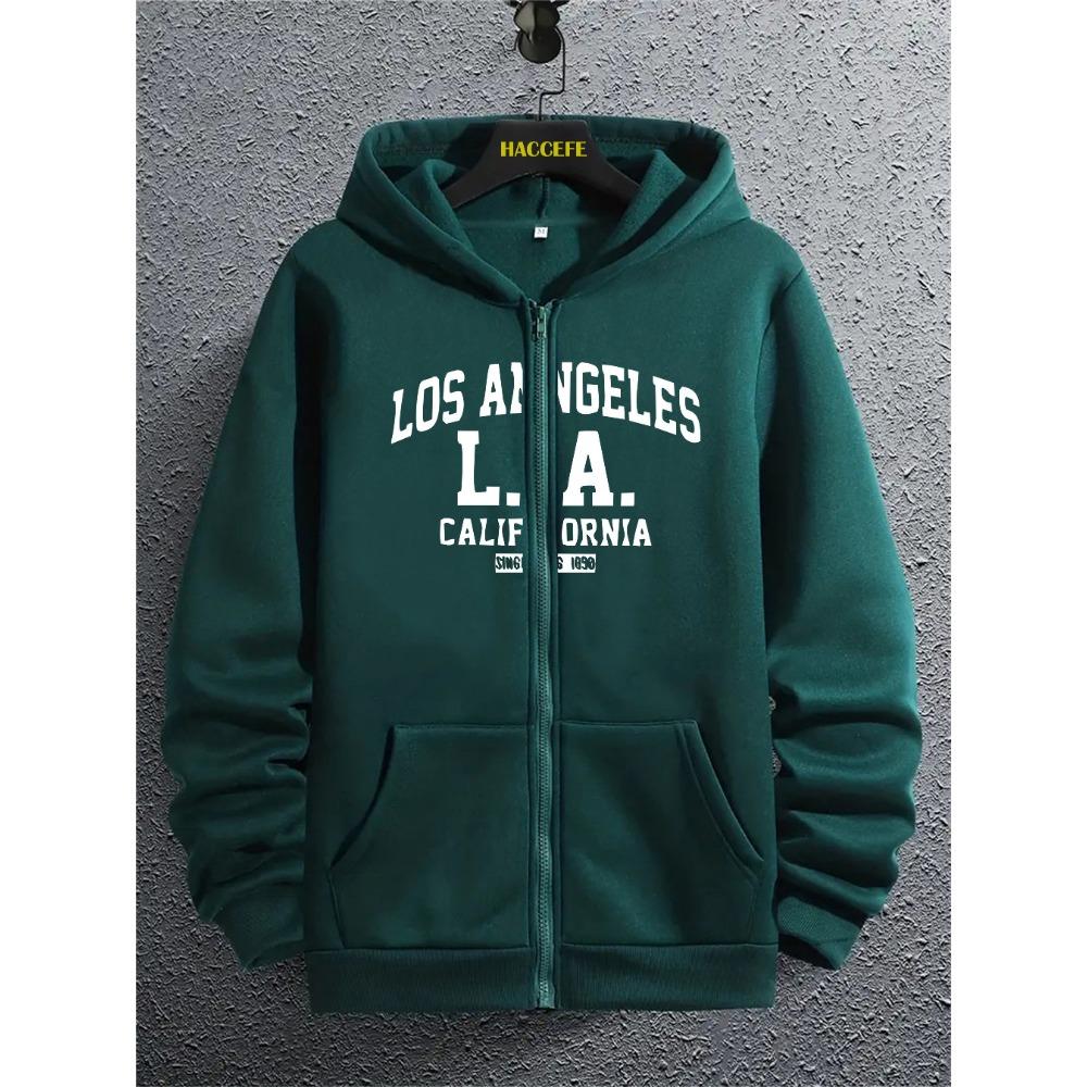 Letter Printed Zipper Hooded Sweatshirt, Kangaroo Pocket, Fashionable Long Sleeved Hooded Sweatshirt, Autumn and Winter Loose Casual Top