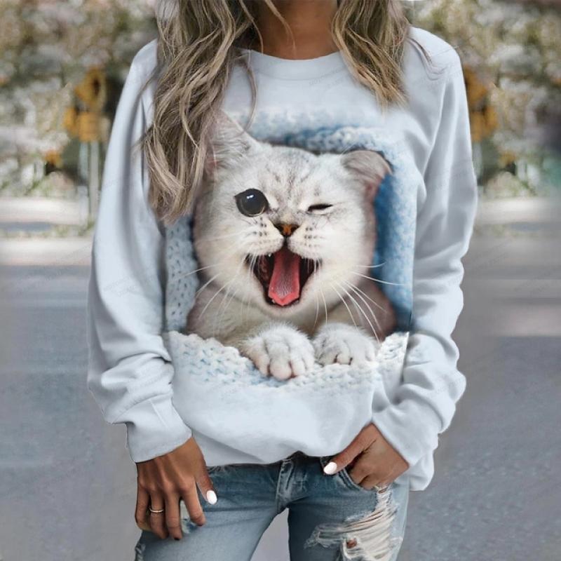 Lovely Cat 3d Print Women Fashion O-neck Long Sleeved Women Sweats Animal Coat Girl Clothes Anime Cat Long Sleeved Kawaii Oversized