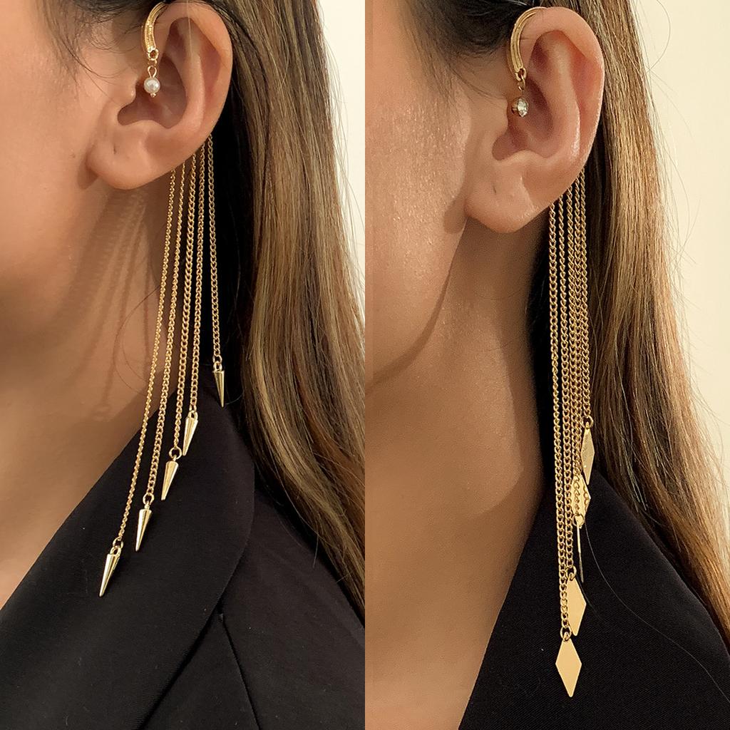 Personalized Fashion Diamond Fringed Chain Ear Hanging, Metal Rhombus Sequined Rivet Ear Bone Clip
