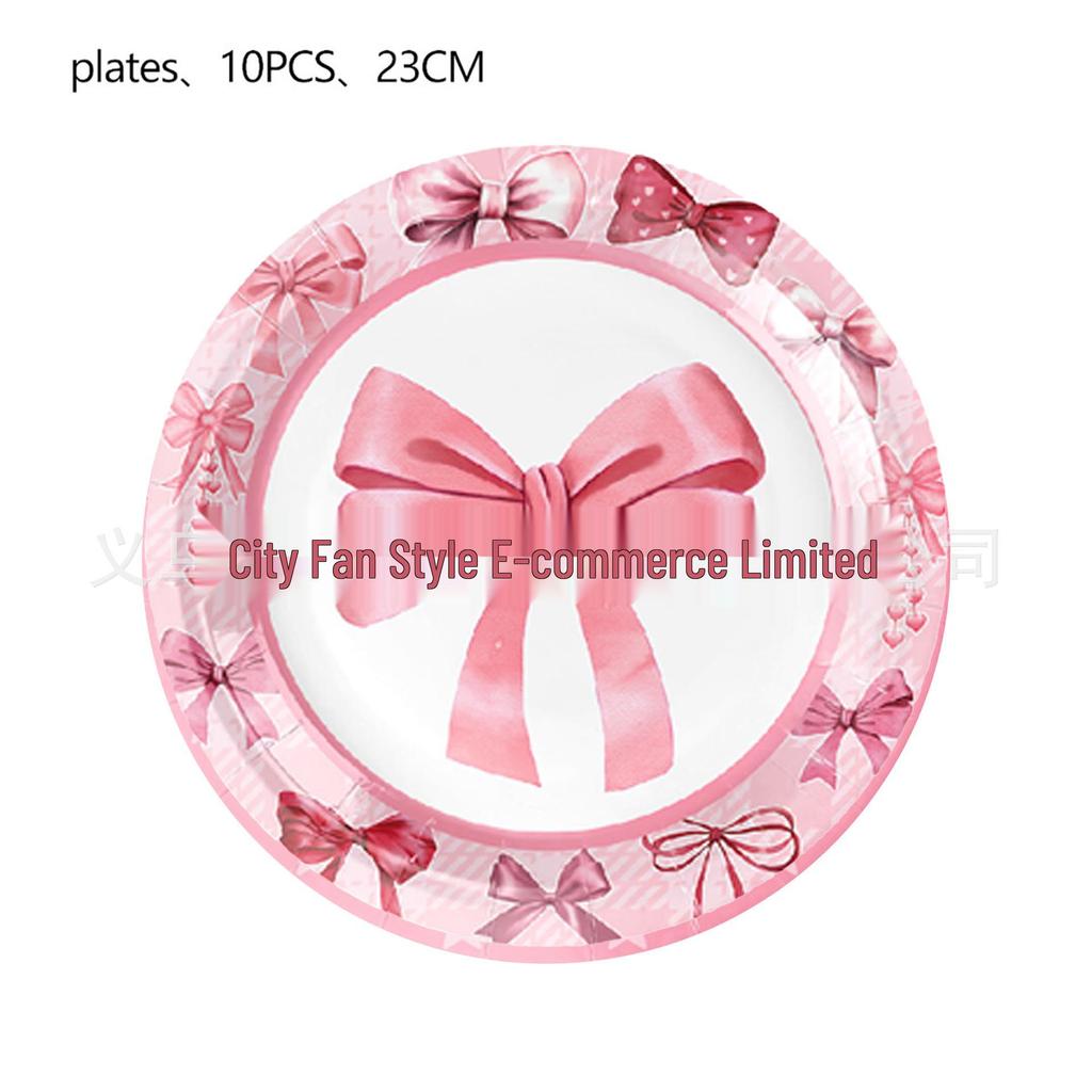 Pink Bow Girl Birthday Party Tableware Set: Paper Cups, Plates, Napkins, and Tablecloth.