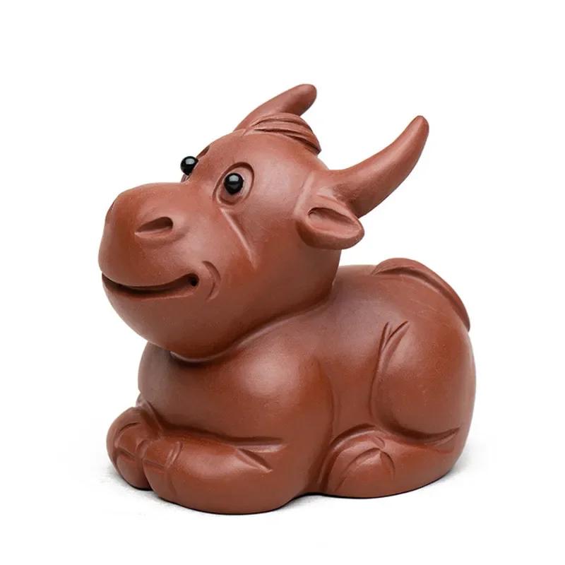 Yixing Purple Clay Tea Pet Cute Cattle Statue Decors Handmade Tea Figurine Sculpture Ornaments Chinese Tea Set Accessories