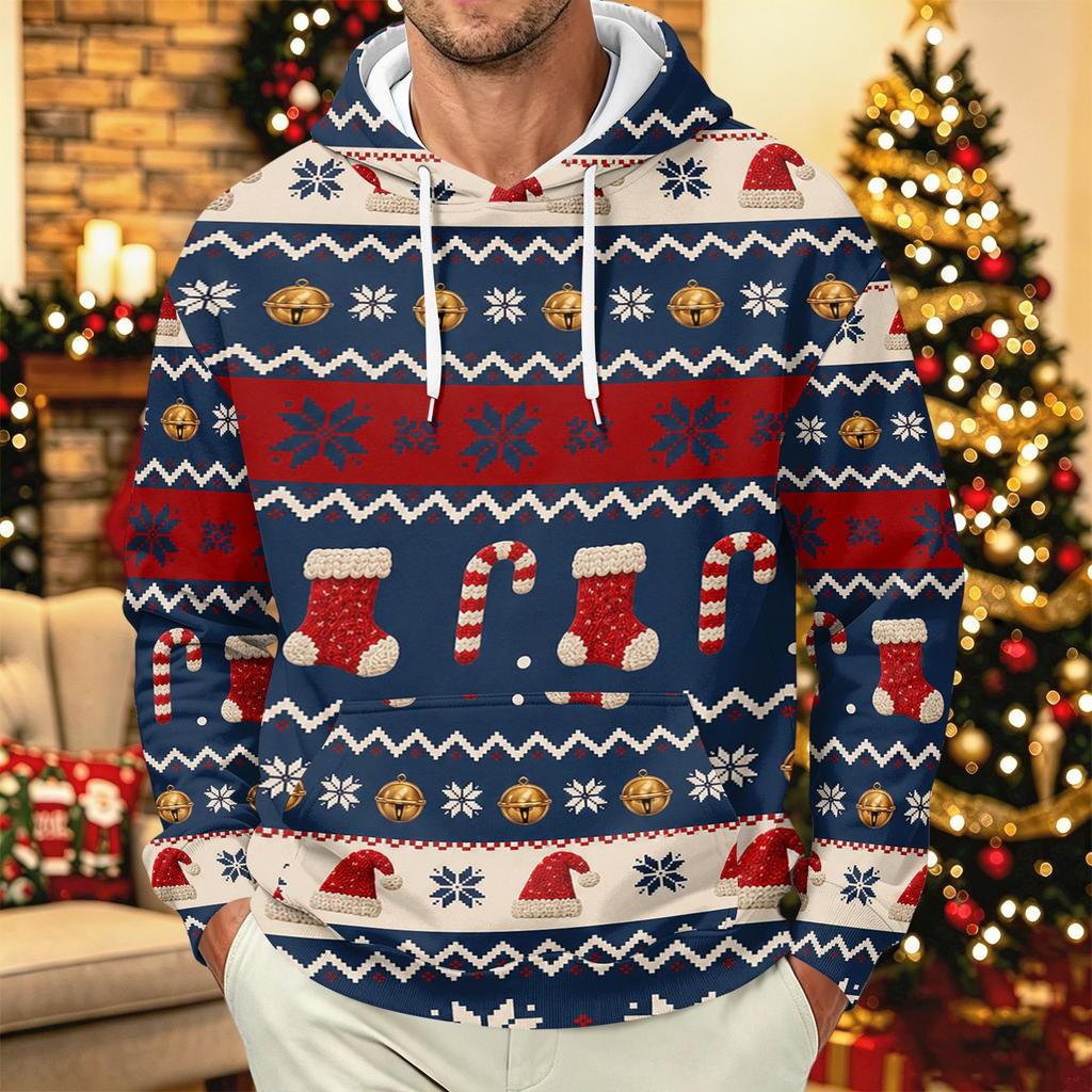 Men's Long Sleeve Hooded Sweatshirt with Christmas Print for Holiday Casual Wear