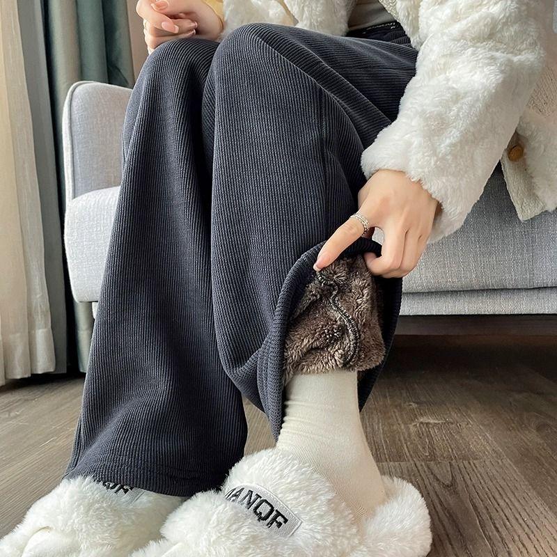 Winter Warm Thicken Lambswool Straight Pants Women Casual Elastic High Waist Fleece Lined Wide Leg Pantalones Chic Baggy Pants