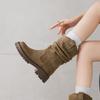 Krazing Pot Cow Suede Nubuck Winter Round Toe Western Boots Med Heels Pleated Decoration Women British School Mid-calf Boots