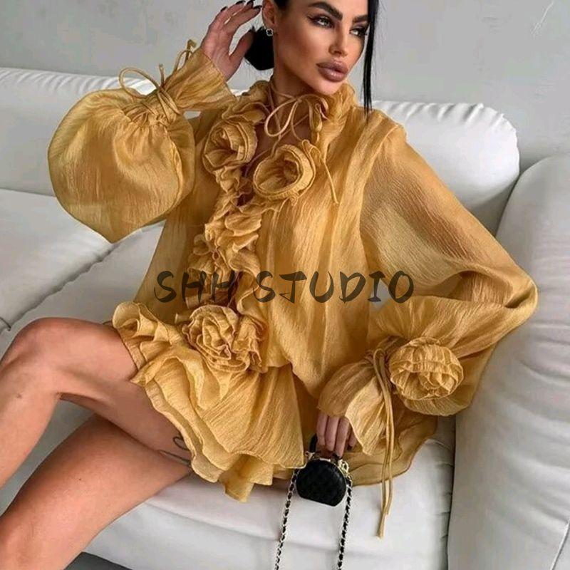 Fall New Women's Clothing French Romantic Style Stand Collar Lantern Long Sleeves Flower Decoration Short Dress Suit