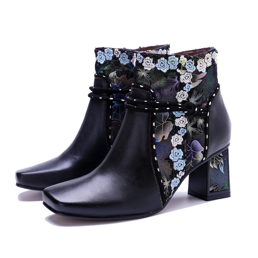 Johnature Genuine Leather Short Boots Handmade Retro Lace Square Toed Thick Heel Women's Boots