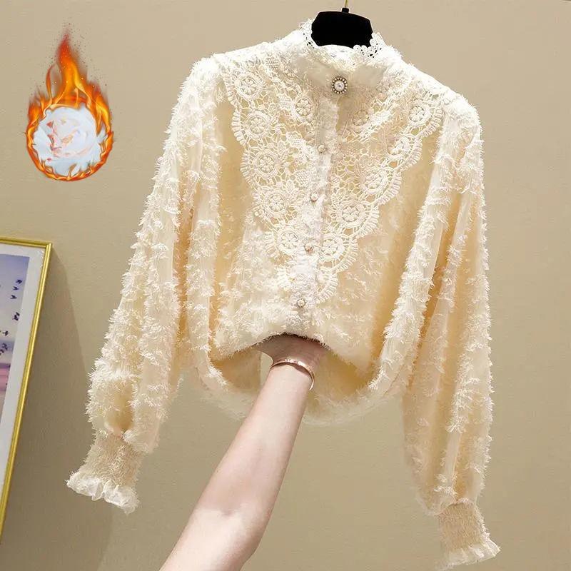 Stand-up Collar, Fleece and Thickened Base Layer, Paired with A Chiffon Top and Lace Shirt, A Stylish Autumn and Winter Blouse for Women