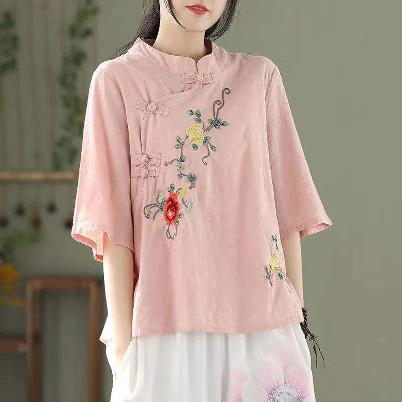 Embroidered Cotton Linen Shirt Pure Color Polo Collar Regular Sleeve Spring Summer Casual Elegant Women's Fashion Tops