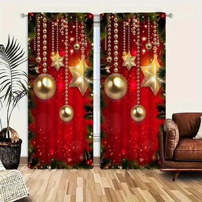 Festive Christmas Print Curtains Vintage Style Machine Washable Artistic Design  for Living Room Bedroom Rod Pocket Easy To Hang