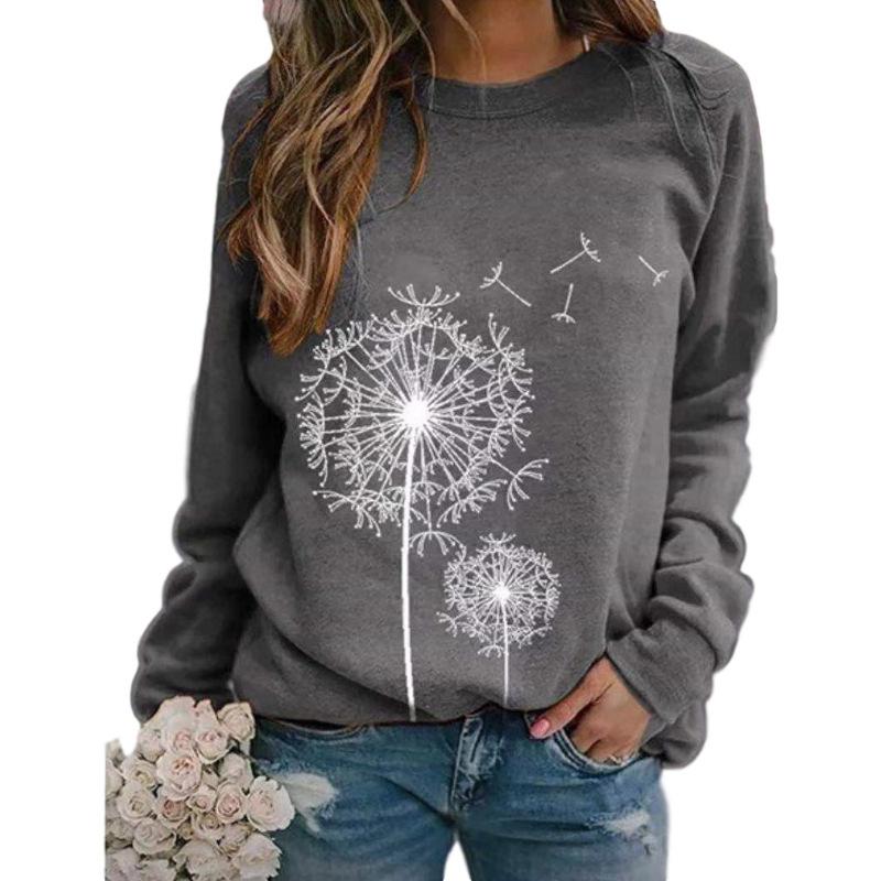 Herbst Frühling Damen Pullover T-Shirt Langarm Rundhals Oberteil Tee Löwenzahn Druck Basic Tunika Oberteil Lässige Blusen Sweatshirt