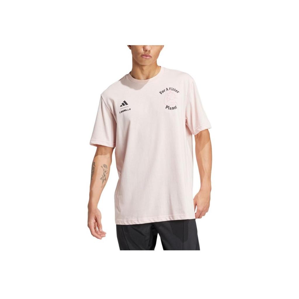 Adidas Les Mills Soft Comfortable Casual Loose Fit Pullover Logo Print Short Sleeve T-Shirt Men T-Shirts Pink White JJ3164