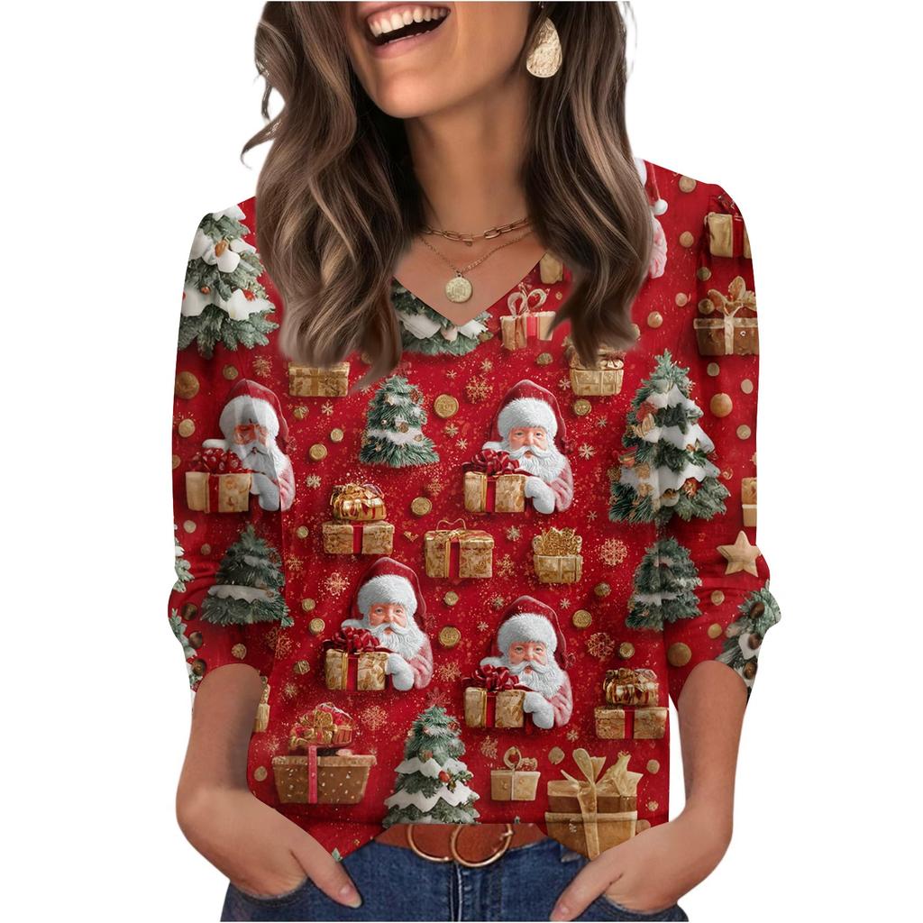 Women's Fashionable Casual Christmas Printed V-neck Top