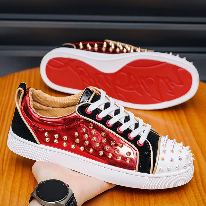 Trend Shoes for Men Patent Leather Casual Shoes Punk Style Rivet Flat Skateboard Shoes Youth Street Cool Sneaker
